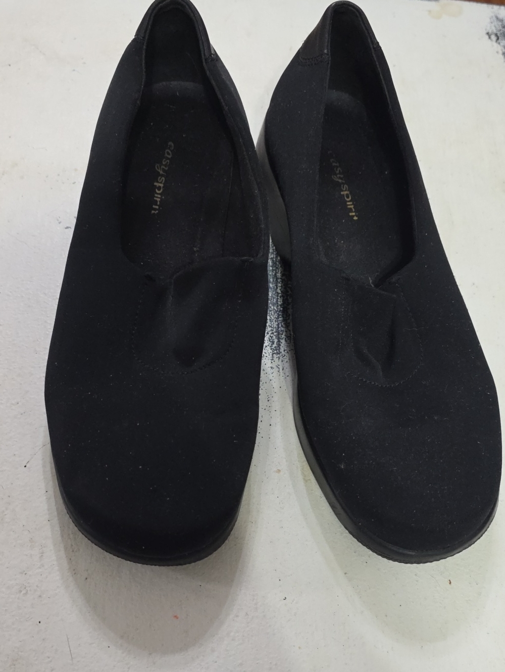 Easy Spirit Women's Black Fabric/Leather Uppers Low Wedge Slip On Stretch Sz 8W